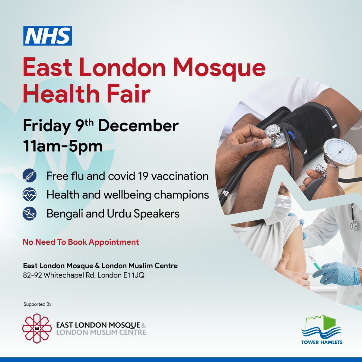 Have you had your winter vaccination? Tomorrow, 9th December <a href="/TowerHamletsNow/">Tower Hamlets Council</a> will be hosting a free drop-in fair for #flu and #covid jabs from 11am to 5pm at the East London Mosque.
 
#NHS staff will be on hand to answer any vaccination questions. 

See poster for more details!