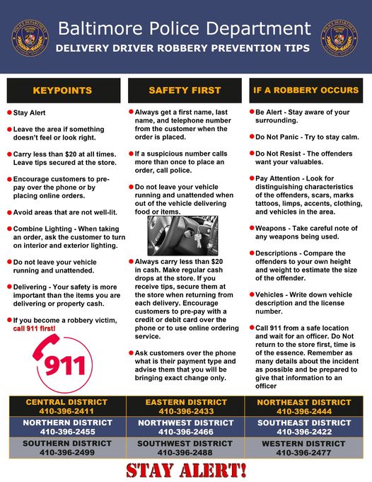 BaltimorePolice's tweet photo. Delivery drivers: Be alert. Be aware of your surroundings. Stay safe!
#BPDtips
#publicsafety
#crimeprevention
#robberyprevention https://t.co/nrpTilmpmo