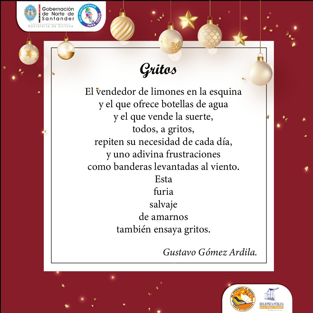 ⛄📚Libro : “Esta ciudad de calles largas como tus piernas” (libro de poemas, ganador del concurso departamental de poesía, 2001).🎄
✍🏼Autor: Gustavo Gómez Ardila📖

#poema #poesia #diciembre #nortedesantander #navidad
<a href="/GoberNorte/">Gobernación de Norte de Santander</a> <a href="/RNBPColombia/">Red Nacional de Bibliotecas Públicas de Colombia</a>