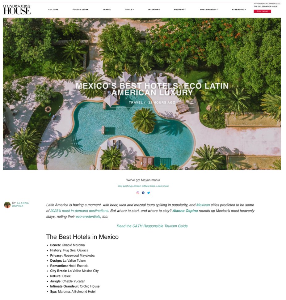 chablehotels's tweet photo. 🍃 We are more than delighted to share that both our #ChableMaroma and #ChableYucatan properties are featured in the list of Mexico's Best hotels by Country and Townhouse. https://t.co/U4ZSUMMmxy
