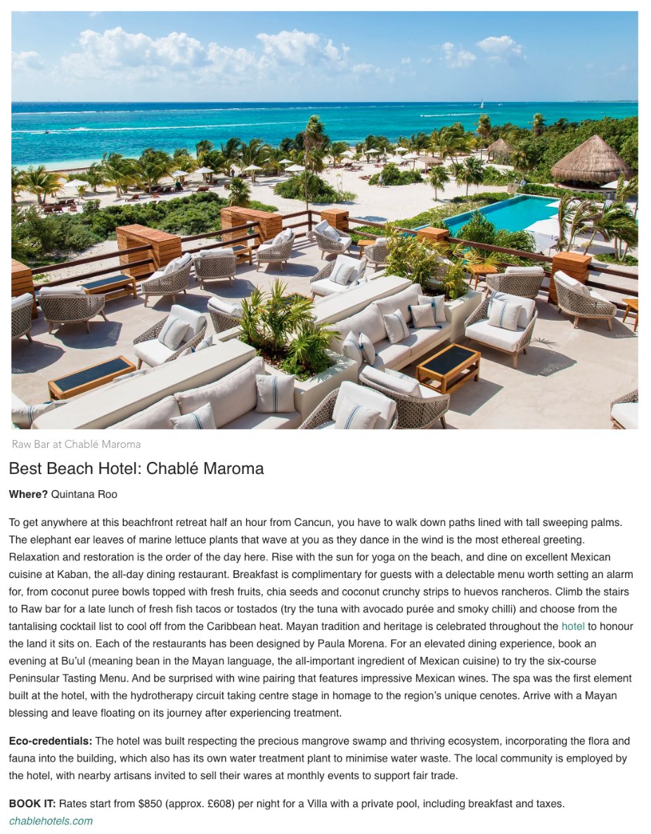 chablehotels's tweet photo. 🍃 We are more than delighted to share that both our #ChableMaroma and #ChableYucatan properties are featured in the list of Mexico's Best hotels by Country and Townhouse. https://t.co/U4ZSUMMmxy