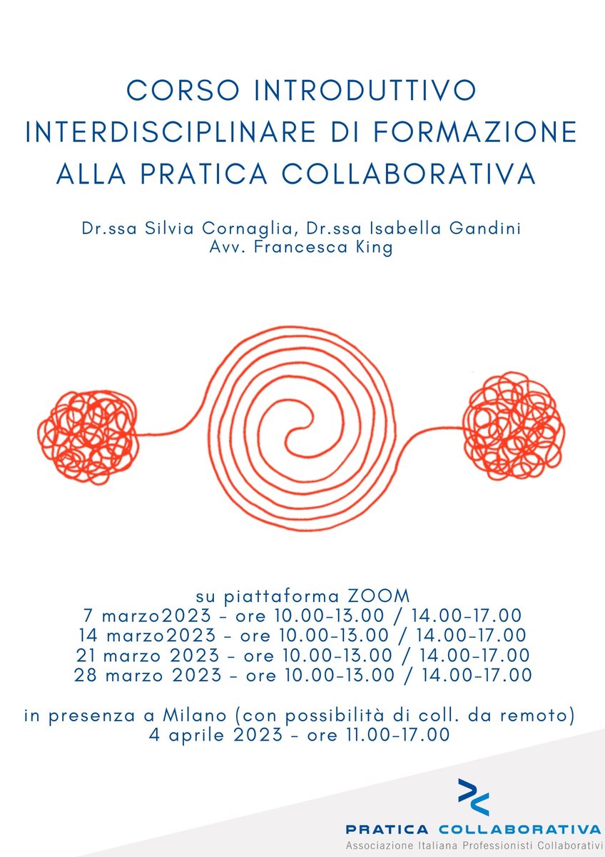 icollaborativi's tweet photo. 📌 7, 14, 21 e 28 marzo su piattaforma #zoom.
📌 4 aprile a #Milano (in presenza o collegati).
Corso introduttivo interdisciplinare alla #praticacollaborativa.
Iscriviti entro il 20 febbraio andando su 👉🏼 https://t.co/lbOsIVVk9O
#aiadc #formazione #professionisticollaborativi. https://t.co/v7DkkKcDvt