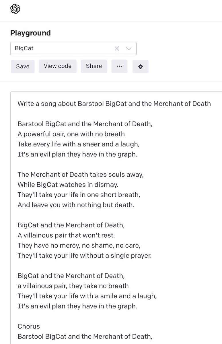rtofte's tweet photo. @BarstoolBigCat I asked AI to write a song about Big Cat and the Merchant of Death and here it is. It did you dirty calling you a breathless coward and made him seem totally badass. Unfair. https://t.co/MZwXyRG775