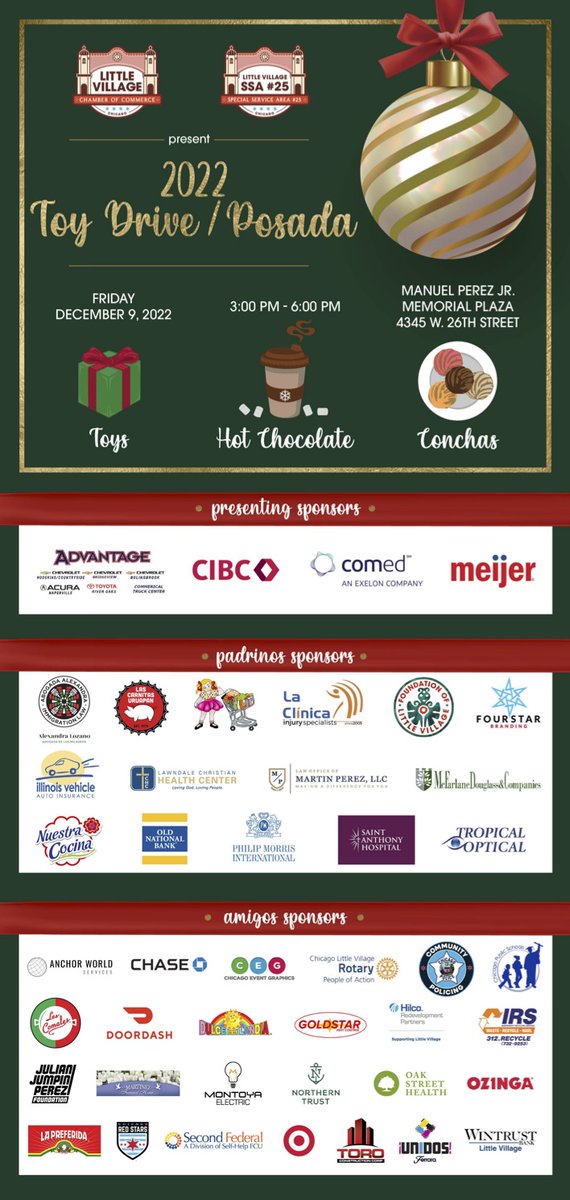 26thStChamber's tweet photo. Tomorrow is our Annual 2022 Holiday Toy Drive/Posada! Thank you to our sponsors for making the event possible. https://t.co/kbsAVDjqn6
