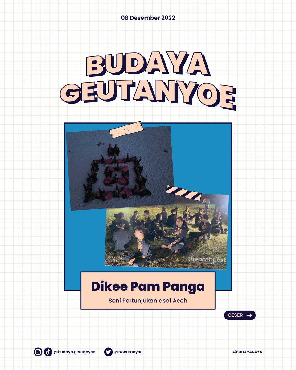 BGeutanyoe's tweet photo. Salam rakan lon👋🏻

Di akhir bulan September 2022 kemarin, ada 17 budaya Aceh yang ditetapkan sebagai Warisan Budaya Tak Benda (WBTB) Indonesia. Salah satunya ada Dikee Pam Pang dari Kecamatan Panga, Aceh Jaya. Kesenian ini sudah ada dari tahun 1951 sampai dengan sekarang loh. https://t.co/SLQilNzbDa
