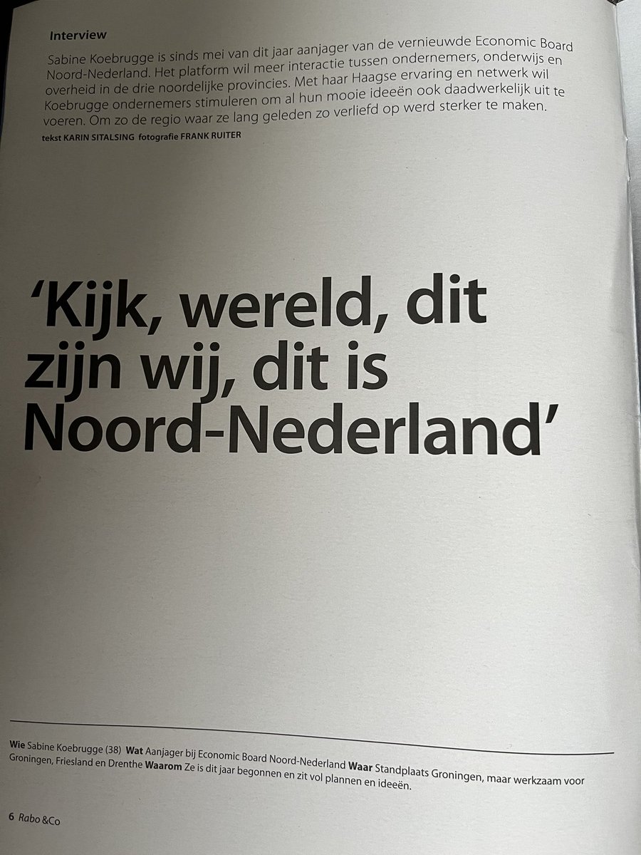 sabinekoebrugge's tweet photo. Tof dat @rabobank in de Groningse editie van Rabo&amp;Co mij de kans heeft gegeven om te vertellen over mijn ambities voor @EconomicBoardNN en Noord-Nederland 💪

Dank @e_lucke en Carlo Ezinga! 

#ebnn #krachtvanhetnoorden https://t.co/wXPUvhCSQR