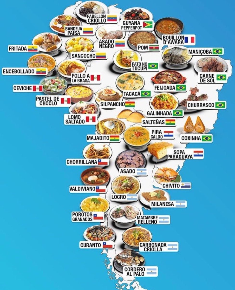 sukhnandangy's tweet image. Map of South American cuisine 🌮🥙🥘🍲🥑🍍🥥🥜🥩🥦🥒🦐🥬🍚🍽️
#food #foodie #guyana #suriname #colombia #brazil #venezuela #frenchguiana #peru #Ecuador #bolivia #Paraguay #Uruguay #Argentina #chile