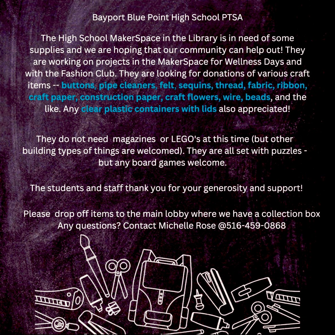 BBPHSPTSA's tweet photo. The High School is requesting the donation of makerspace materials. Thanks so much in advance for your continuing support! #STEM #BBP #MAKERSPACE https://t.co/GngkB4XV28