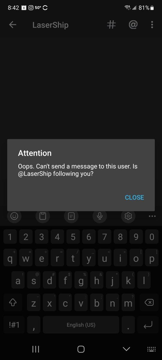 StumblePrints's tweet photo. @LaserShip Again....I am not able to DM you!!!!!!!  Apparently, you have it configured that unless you follow me, I can not DM you!!!  More smoke and mirrors https://t.co/biiFzPfvr4