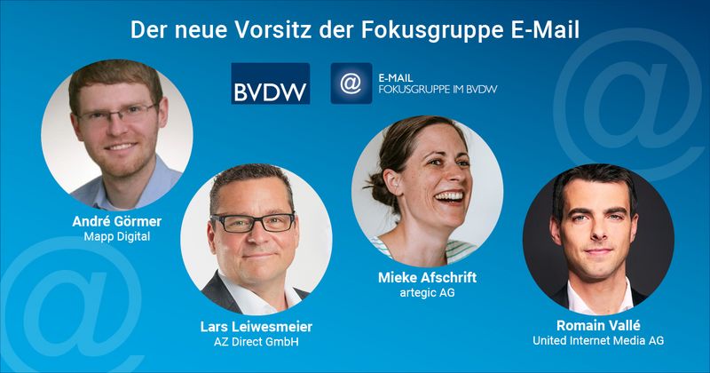 UIM_aktuell's tweet image. Neuer Vorsitz der Fokusgruppe #Email im @BVDW mit den Kollegen und Kollegin von @artegic @Mapp_Digital @DirectAz! Im Fokus: die E-Mail als zentraler Baustein im Marketing-Mix, die optimierte Visualisierung und Smart #Data im Kontext von #EmailMarketing 
bvdw.org/der-bvdw/news/…