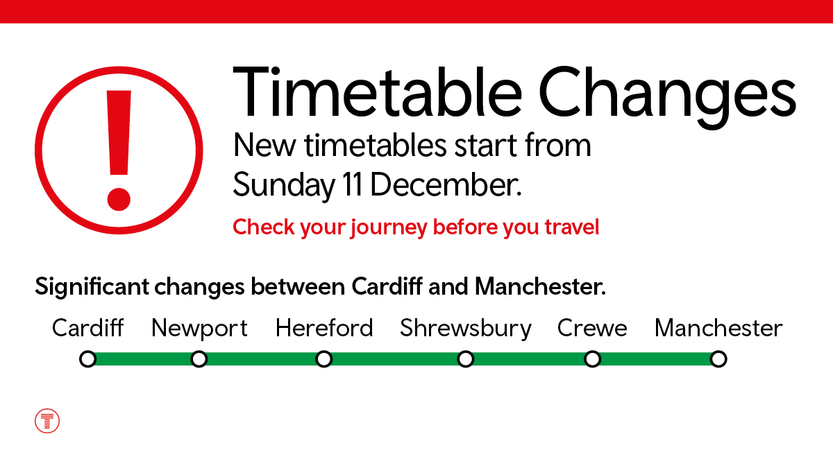 🗣️Our timetables change from Sunday 11 December.

In readiness for the Mark 4 trains there will be significant changes to the times/calling patterns of some services between:

Cardiff – Shrewsbury – Crewe – Manchester Piccadilly

Check before travelling: tfw.wales/plan-a-journey