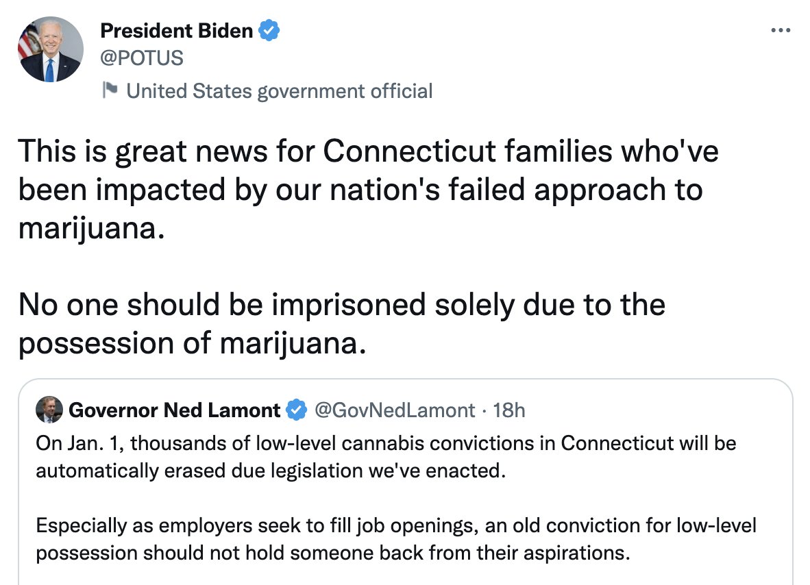 President Joe Biden and other White House officials are celebrating Connecticut's move to clear tens of thousands of marijuana conviction records following his own federal cannabis pardons proclamation.

marijuanamoment.net/biden-applauds…