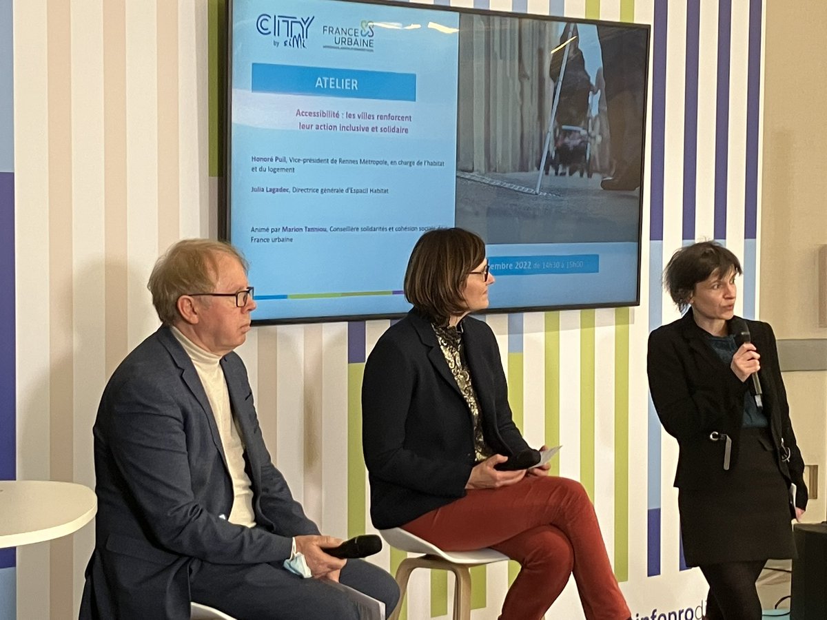 France_urbaine's tweet photo. 💬 Accessibilité : les villes renforcent leur action inclusive et solidaire. Au @citybysimi, @HonorePuil et @julia_lagadec d’@Espacil présentent le projet de @metropolerennes pour adapter le territoire aux personnes âgées. #CitybySIMI #collterr https://t.co/sJSs1mHIUK