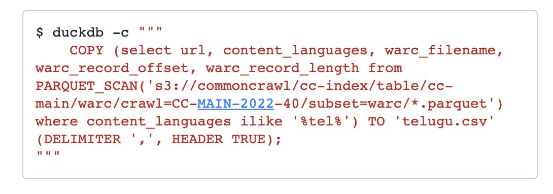 ChillarAnand's tweet photo. With a single command, @duckdb can query entire @CommonCrawl index(900 parquet files, 0.26TB) on S3 and build a subset.

No need of any big data tools.

https://t.co/7OMGdA7pak https://t.co/TlqxOwEWp6
