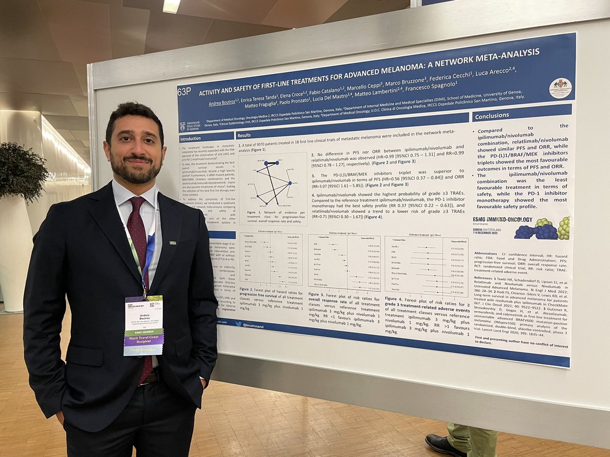 🕵🏽‍♂️Exciting poster presentation at #ESMOImmuno22 @myESMO of our network meta-analysis on 1L treatments for advanced #Melanoma ➡️ special thanks to @FSpagnoloMD @matteolambe @Lucarecco @UniGenova @SanMartino_Ge