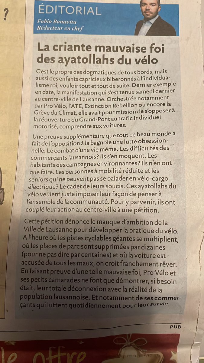 Cet éditorial de <a href="/bonavitafabio/">Fabio Bonavita</a> mérite d’être souligné. En effet, dans l’hystérie du tout-vélos rare sont les voix qui s’insurgent contre le dictat de la majorité rose-verte de notre ville que le <a href="/PLRLausanne/">PLR Lausanne</a> combat au Conseil Communal. 
La #multimodalité ✅
l’interdiction ❌