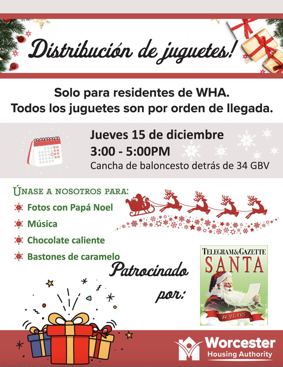 WHAuthority's tweet photo. Toy distribution on Thursday, Dec 15 at 3:00-5:00 on the basketball court behind 34 GBV☃️❄️✨For WHA residents only, and is first come, first served. Thank you to the T&G Santa Fund for making this possible!
#WHA #worcesterhousing #worcesterma #LifeAtWHA #DailyWHA https://t.co/ExSY65sTGD