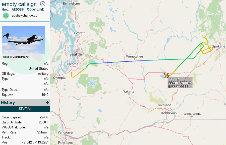 SirListenalot's tweet photo. Dec07 2215z Unidentified #KC135 #AE0533 as #COUNT96 tried to get home (Fairchild) from McChord but had to divert to Moses Lake due weather (low vis) https://t.co/k6usoZwCXB