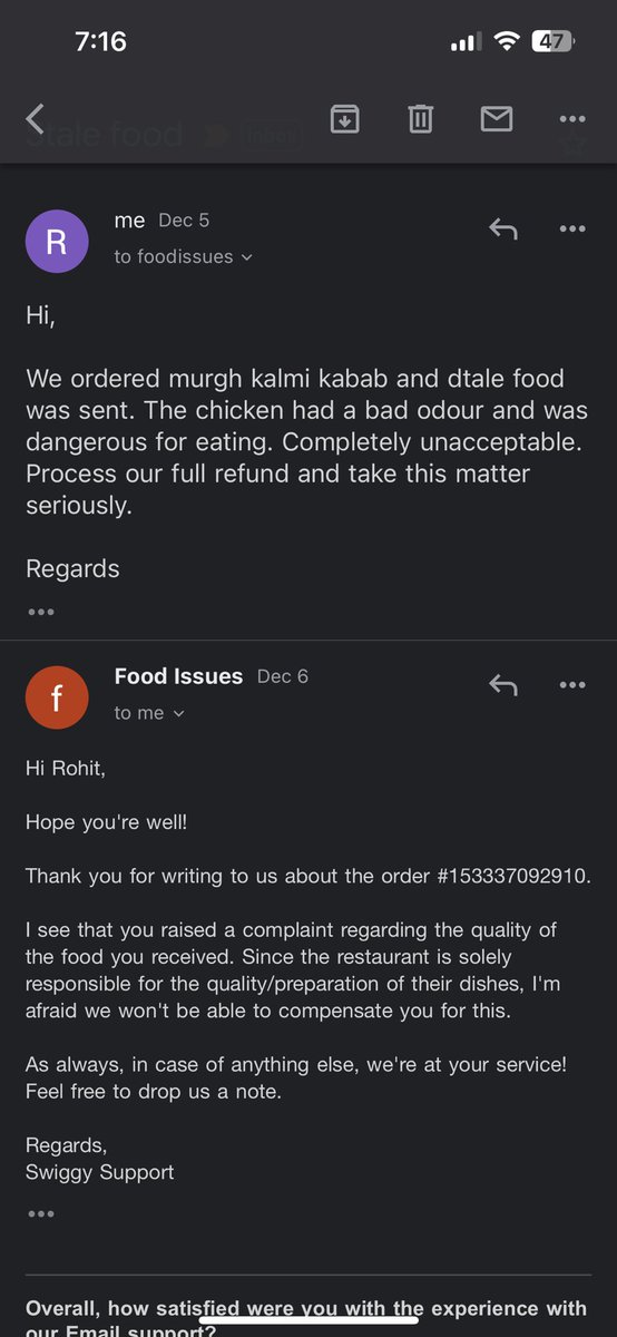 Chesterjha's tweet photo. @SwiggyCares @Swiggy @zomato @zomatocare Hello,
I ordered food from one of the restaurants from Swiggy and the food was stale. When I raised complained with swiggy, this is what I got as a response https://t.co/MsoFpm5ntU