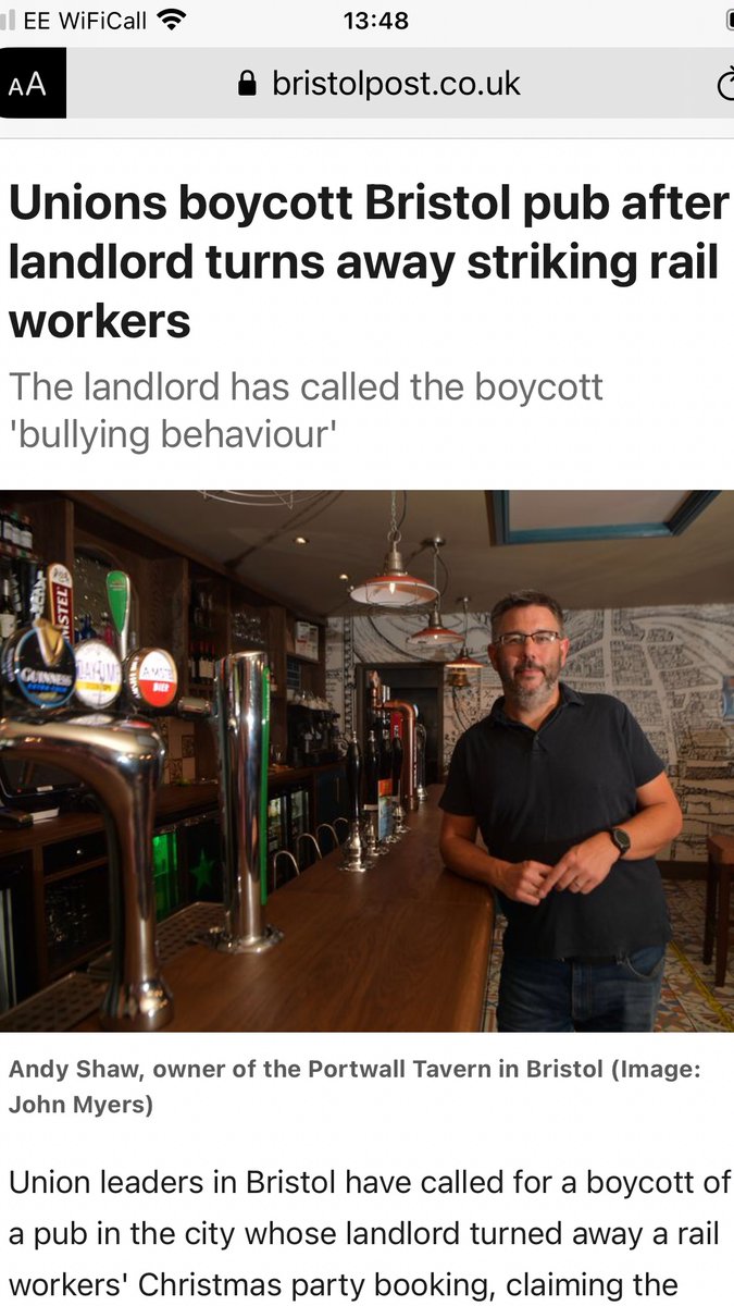 Landlord turns away Rail Workers from his pub, don’t want you lot in. Rail Workers boycott his pub. Fine we won’t come in. Landlord this is bullying, why won’t they respect my right to choose. Some people are very dim.