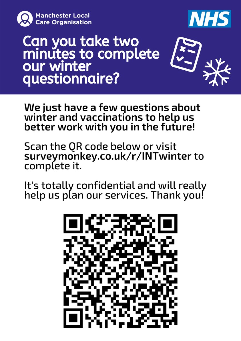 Your views are wanted by Manchester Local Care Organisation. You can help them to plan their services by completing this short survey about winter and vaccinations. Click here to give your views: surveymonkey.co.uk/r/INTwinter