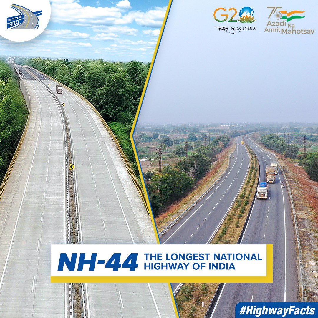 NHAI_Official's tweet photo. NH 44 is the longest National Highway in India, connecting Srinagar with Kanyakumari.
#NHAI #HighwayFacts https://t.co/UfhbMeZnt7
