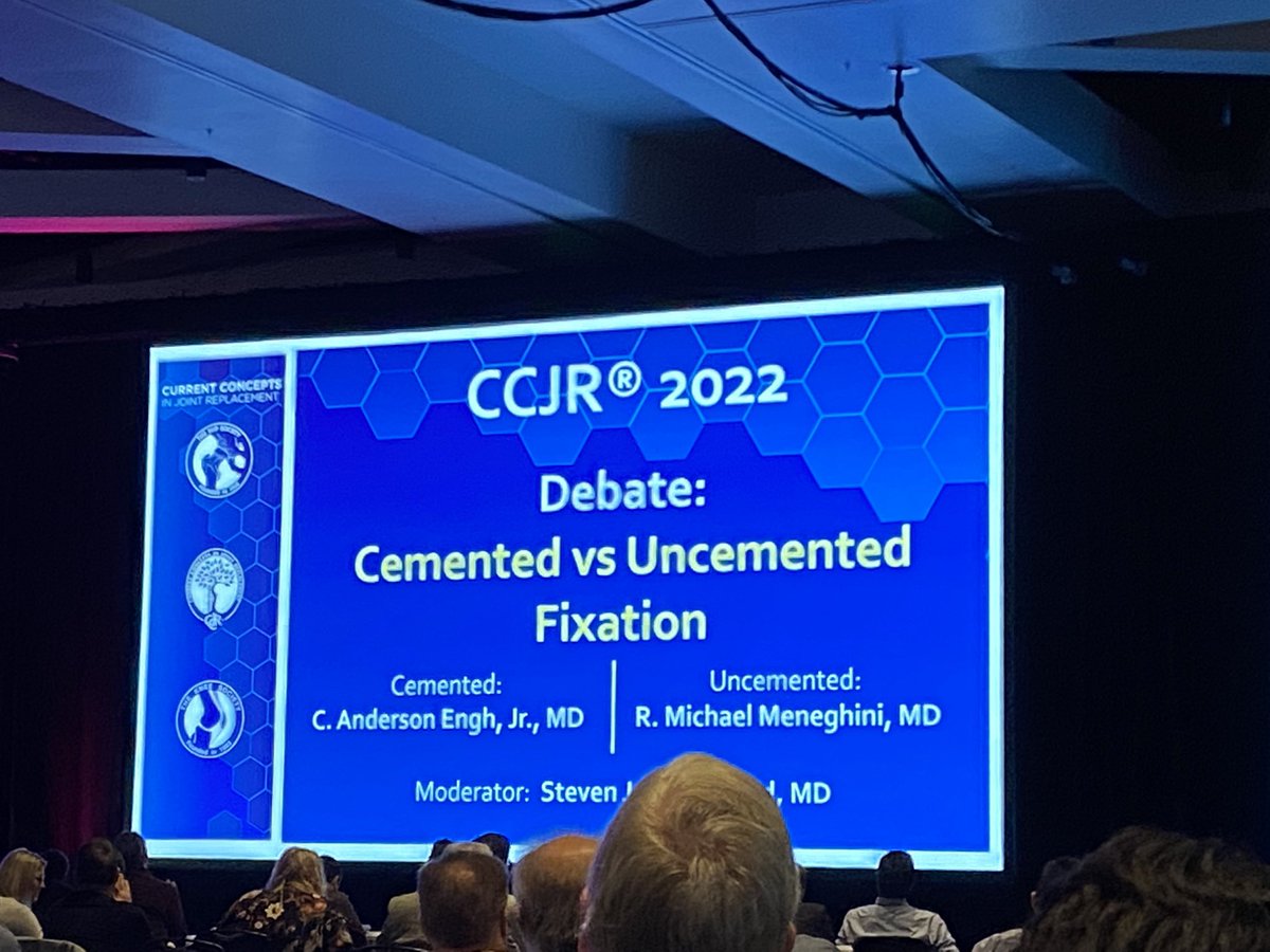 AFontalis's tweet photo. Day 1 of #CCJR2022 Full house and great debate about optimal mode of fixation in TKA! #CCJR2022 #uncemented #cemented #TKA https://t.co/YuVVlGnDHw