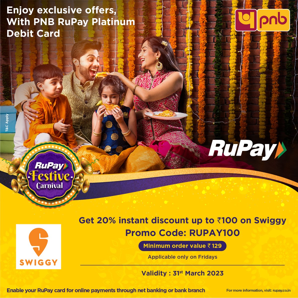pnbindia's tweet photo. Christmas and New Year celebrations come early! Pep up your dinner parties with 20% instant discount &amp; upto Rs 100/- on Swiggy. Use Promocode: RUPAY100

#Offers #Celerations #Party #Food #FestiveVibes https://t.co/uisIqPeqMC