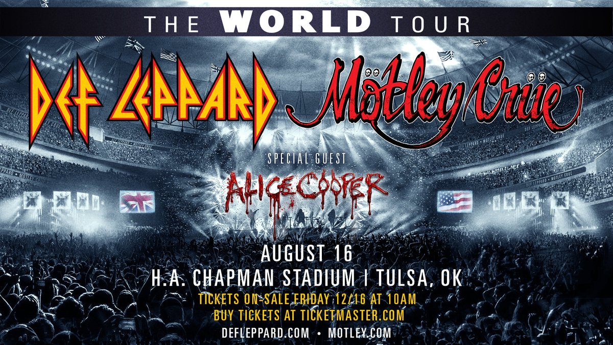 🔥 GUITAR HEROES UNITE 🔥 <a href="/defleppard/">Def Leppard</a> &amp; <a href="/Motleycrue/">Mötley Crüe</a> are bringing #TheWorldTour with special guest <a href="/AliceCooper/">Alice Cooper</a> to H.A. Chapman Stadium on August 16th. Tickets go on sale Friday 12/16 at 10AM. More info at bit.ly/3UASI56