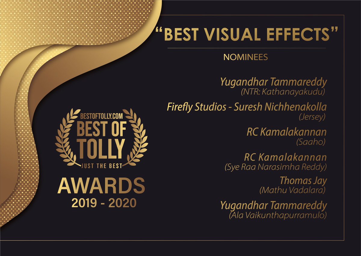 bestoftolly's tweet photo. “Best Visual Effects”
Nominees
- #YugandharT (#NTRKathanaykudu)
- #FireflyStudios #SureshN (#Jersey)
- #RCKamalakannan (#Saaho)
- #RCKamalakannan (#SyeRaaNarasimhaReddy)
- #ThomasJay (#MathuVadalara)
- #YugandharT (#AlaVaikunthapurramuloo)
#BestofTollyAwards20192020 https://t.co/pqWP5WcURB