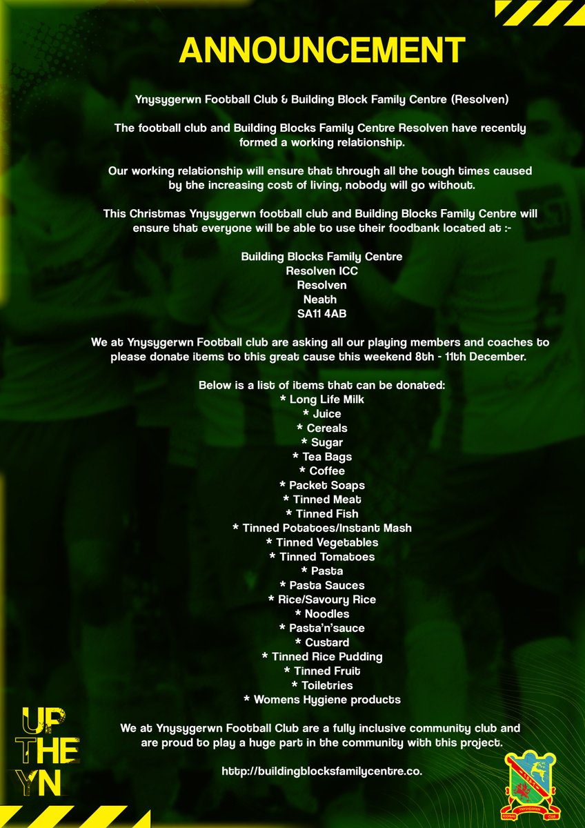 ✍️ ANNOUNCEMENT:
Ynysygerwn Football Club &amp; Building Block Family Centre (Resolven). The football club and Building Blocks Family Centre Resolven have recently 
formed a working relationship.

buildingblocksfamilycentre.co.uk