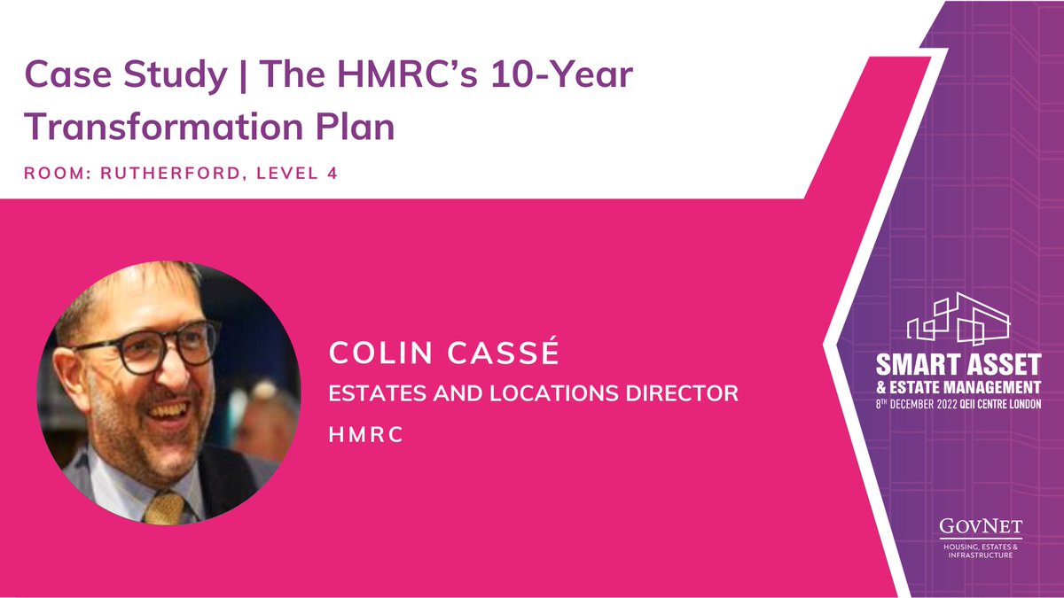 (1/3) Our afternoon is divided into three streams! Head over to Rutherford to hear a case study from Colin Casse, Estates and Locations Director <a href="/HMRCgovuk/">HM Revenue & Customs</a>. He will be presenting on HMRCs 10 year transformation plan. 

#SmartEstates22 #EstateManagement #PublicEstates