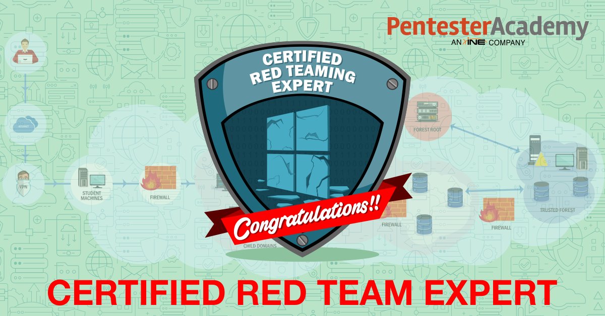 SecurityTube's tweet image. Congratulations to @passthehashed for clearing our Certified Red Teaming Expert exam! #RedTeamLab #CRTE #PentesterAcademy cc @nikhil_mitt bit.ly/2XPFfw4