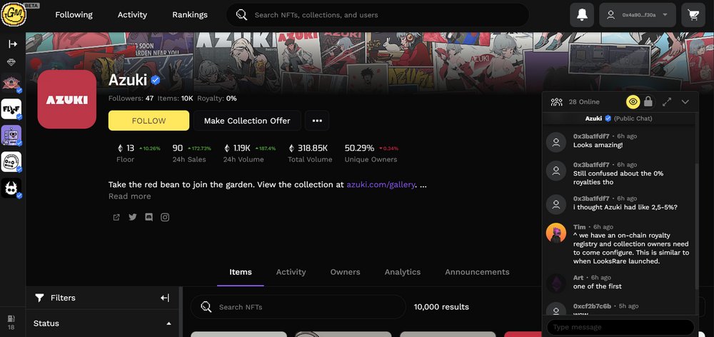RoverX_io's tweet photo. 1. Collection Chatboxes ๐ฌ
Have trouble flipping between #Discord communities, Twitter and @opensea?
GM offers 2 #chatboxes on every collection page:
๐จ๏ธ A public chat showing the number of online wallets
๐ Holders chat exclusively for NFT holders! https://t.co/pf1O55MKWk