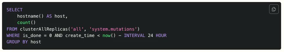 ClickHouseTips's tweet image. ClickHouse mutations are asynchronous and can take time to finish. They can also error out and block subsequent mutations, so it&apos;s important to monitor them to decide whether to cancel or reapply them where necessary.

Here&apos;s how to do just that: tinybird.co/clickhouse/kno…