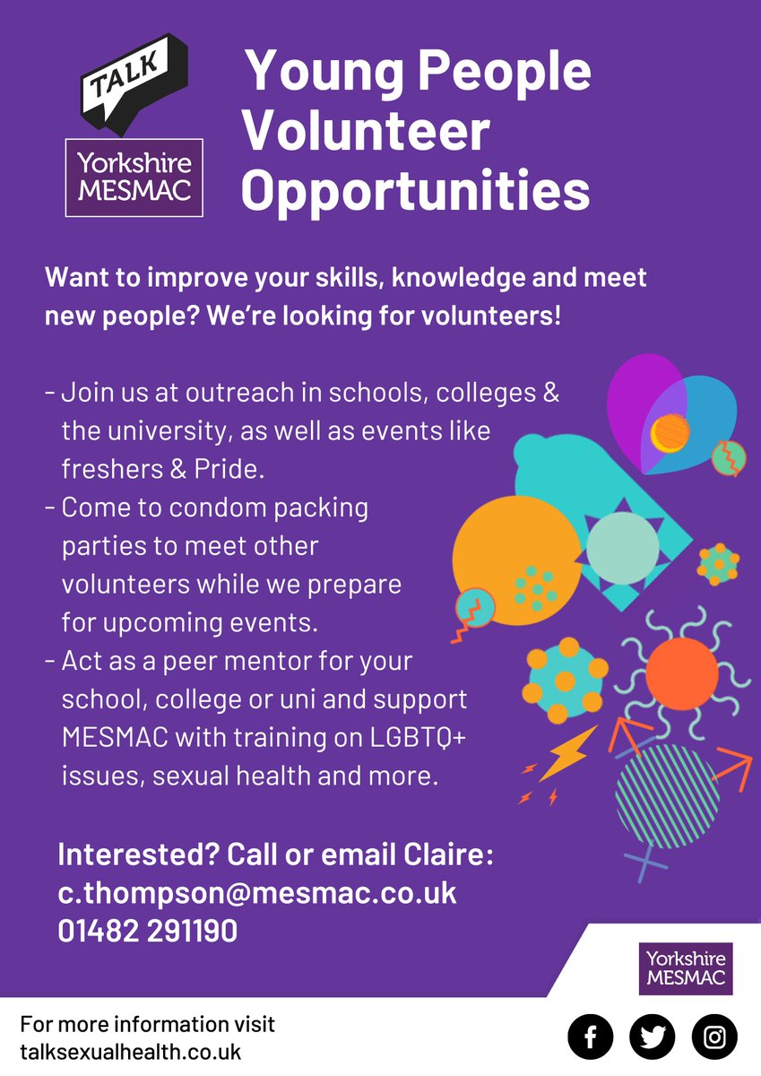 HullMesmac's tweet photo. We're looking for young people to support our services across #Hull 💜✨

It's a great way to meet new people, learn  new skills and it's something unique to add to your CV!

Interested in finding out more? Claire has all the details:
📱 01482291190
💻 c.thompson@mesmac.co.uk https://t.co/ZhtWQWUFgG