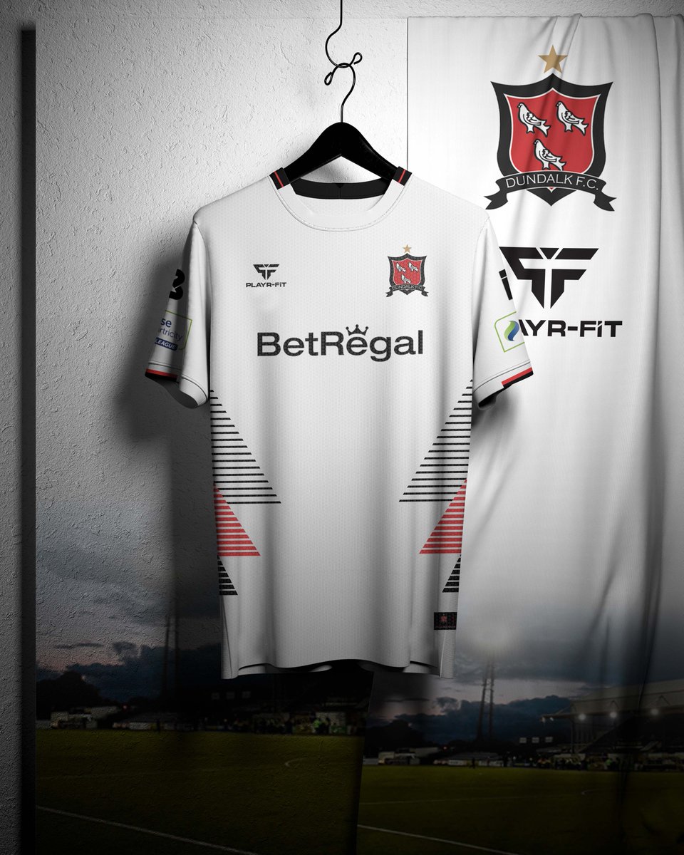 DundalkFC's tweet photo. ⚫️ Our new 2023 home and away kits are available in adult and youth sizes. Youth sizes come without the BetRegal logo.

⚪️ Pre-order them at the official launch in the Lilywhite Lounge this evening between 7pm-9pm.

🔴 Buy them from our Christmas Shop at 6pm on Friday. https://t.co/uQ4PSSlEKD