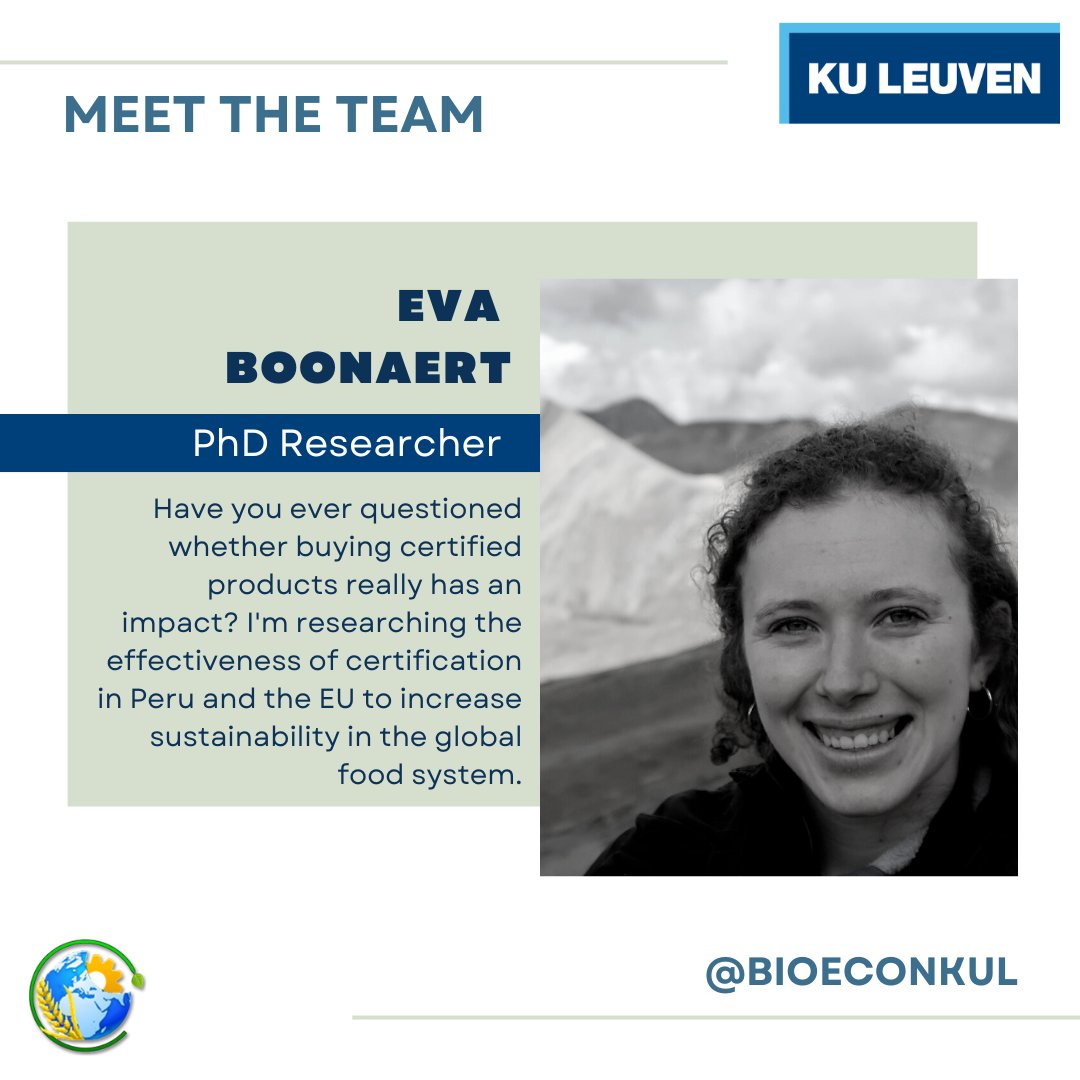 9/ #MeetTheTeam 

<a href="/EBoonaert/">Eva Boonaert</a> is a member of our Agricultural and Rural Development Economics group. She is researching if voluntary sustainability standards – such as Fairtrade or Organic – are an effective tool to increase sustainability in the global food system.

#bioeconkul