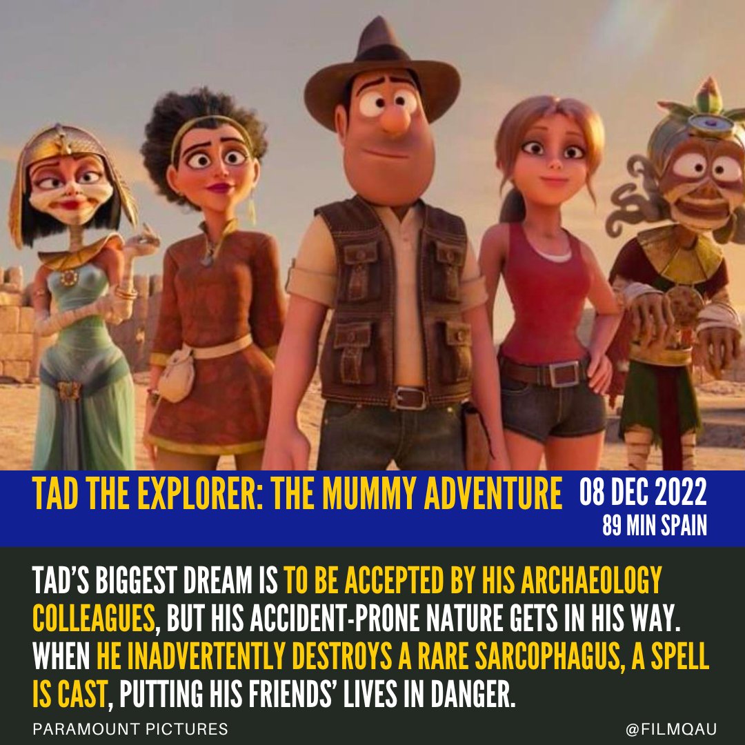 filmqAU's tweet photo. Tad’s biggest dream is to be accepted by his archaeology colleagues, but his accident-prone nature gets in his way. When he destroys a rare sarcophagus, a spell is cast, putting his friends’ lives in danger.
#filmQ #TadTheExplorer #ParamountPictures @ParamountPlusAU https://t.co/0YoGlwU27i