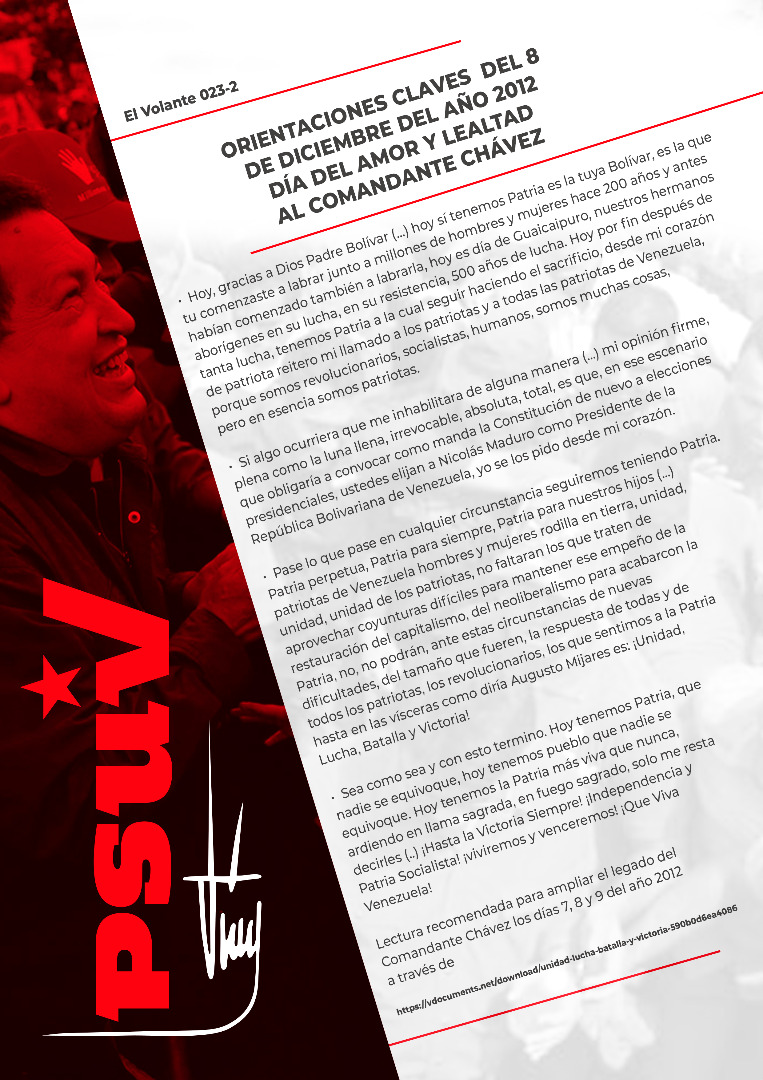 En el #VolanteComunal del @PartidoPSUV de esta semana compartimos las orientaciones claves del Comandante Chávez hace 10 años en su última proclama. Sabias directrices vigentes hoy. ¡Lealtad y amor siempre! #PlenoComoLaLunaLlena.