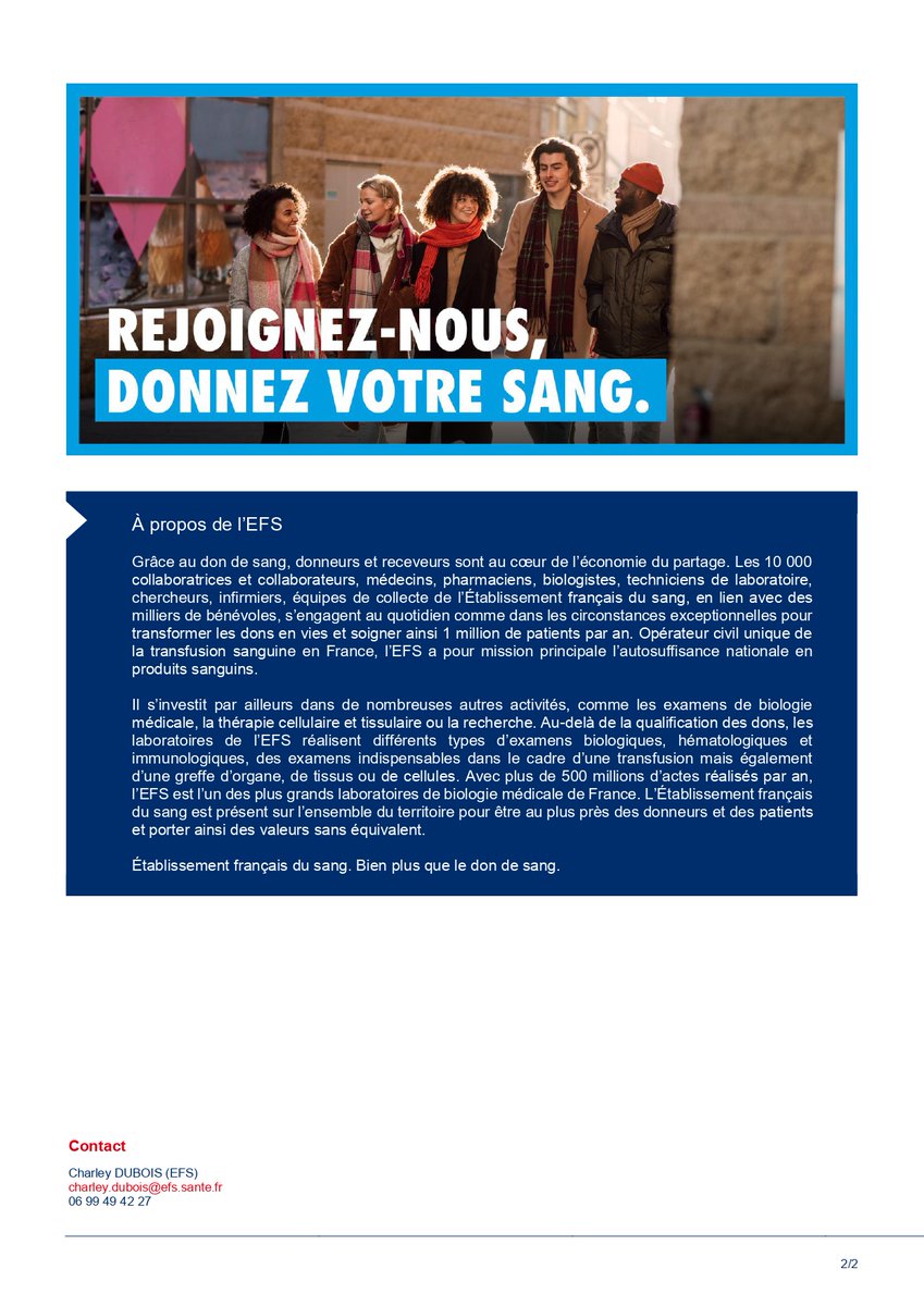 EFS_Sante's tweet photo. Communiqué de #presse 📰
Les virus hivernaux qui sévissent depuis plusieurs semaines impactent fortement les réserves de 
sang. Moins de 85 000 poches de sang sont aujourd’hui disponibles alors qu’il en faudrait plus de 100 000 pour répondre aux besoins des patients
+ d'infos ⬇️ https://t.co/wqgmA7ZJCz