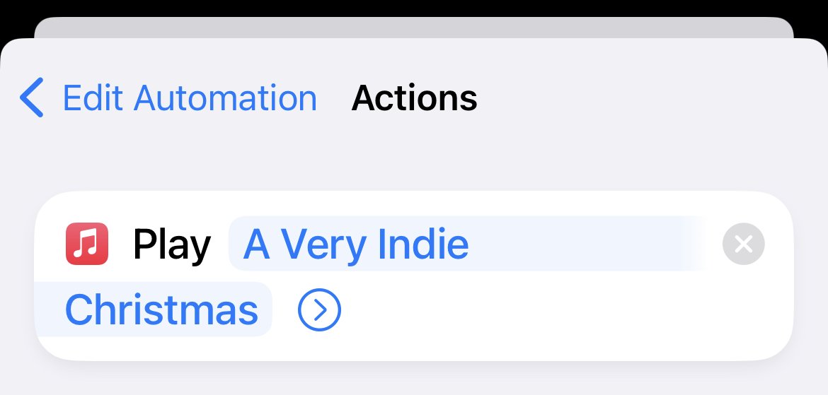 jonathansick's tweet photo. Inspired by @rosemaryorchard and @heyscottyj on Unnested Folders #90, I figured out how to create a “Personal Automation” in the Shortcuts app that starts playing Apple’s Indie Christmas playlist once I tap my alarm off. Delightful for the winter blahs! https://t.co/Xoa9TtWWql https://t.co/TTJJNvmW7N