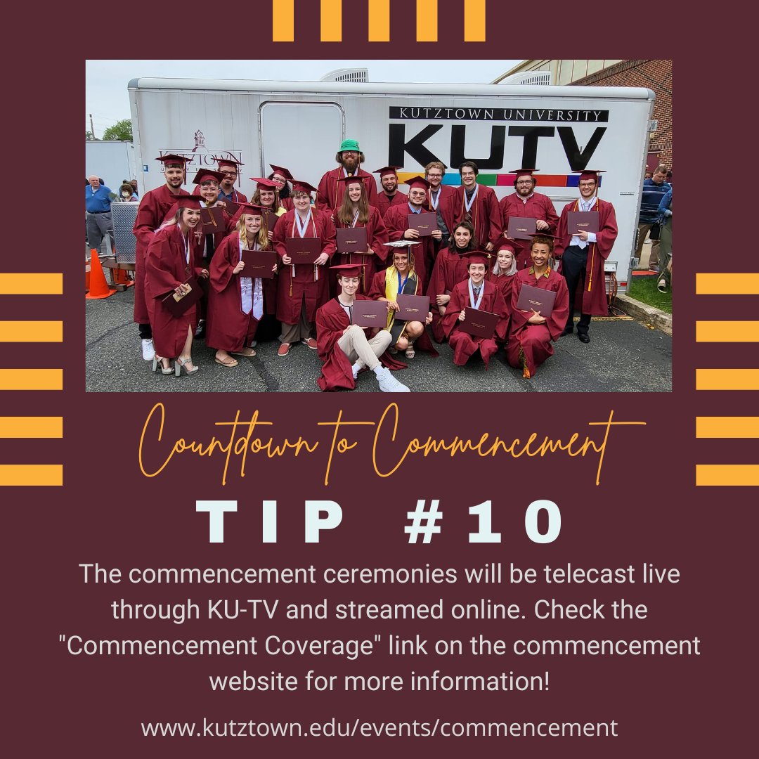 KUCommencement's tweet photo. 🎓1️⃣0️⃣ Days to Commencement! 
We will countdown the days by sharing tips to make this event a 💛golden one for you and your family &amp; friends! 🐻👩‍🎓👨‍🎓 #KU2022

Tip 10: The ceremonies will be telecast live thru KUTV &amp; streamed online. Check 'Commencement Coverage' on the website. https://t.co/Fmhb3fArTk