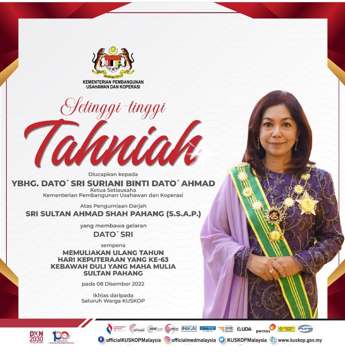 Tahniah Dato’ Sri Suriani Ahmad atas pengurniaan pingat sempena memuliakan ulang tahun Hari Keputeraan yg ke-63 Kebawah Duli Yang Maha Mulia Sultan Pahang.

Terbaik dan ikhlas daripada saya.

#WanitaUnggul
#NAR
