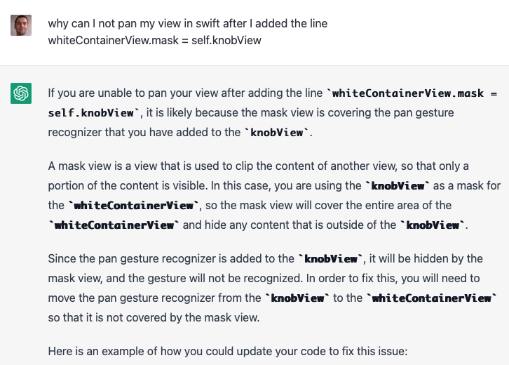 OddMagne's tweet photo. #ChatGPT understood and solved the bug in my #swift custom component by providing it just one line of code🤯 https://t.co/hpKOgJjatW