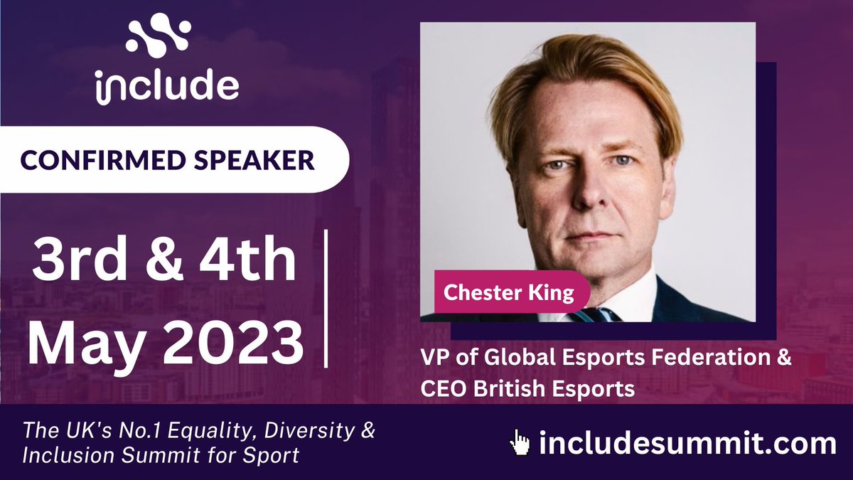 🚨🚨 MORE, MORE SPEAKERS 🚨🚨

We’re just keeping it coming this week!!

💜 <a href="/EnglandRugby/">England Rugby</a> I&amp;D Director - @JatTel 

💜 <a href="/LFC/">Liverpool FC</a> EDI Senior Manager - <a href="/rishikj/">Rishi Jain</a> 

💜 <a href="/British_Esports/">British Esports 🎮 🚀 Ready for Champs Finals?</a> CEO - Chester King

How incredible is this <a href="/includesummit/">@IncludeSummit</a> line up shaping up to be?! 🙌🏽🙌🏽 #includesummit