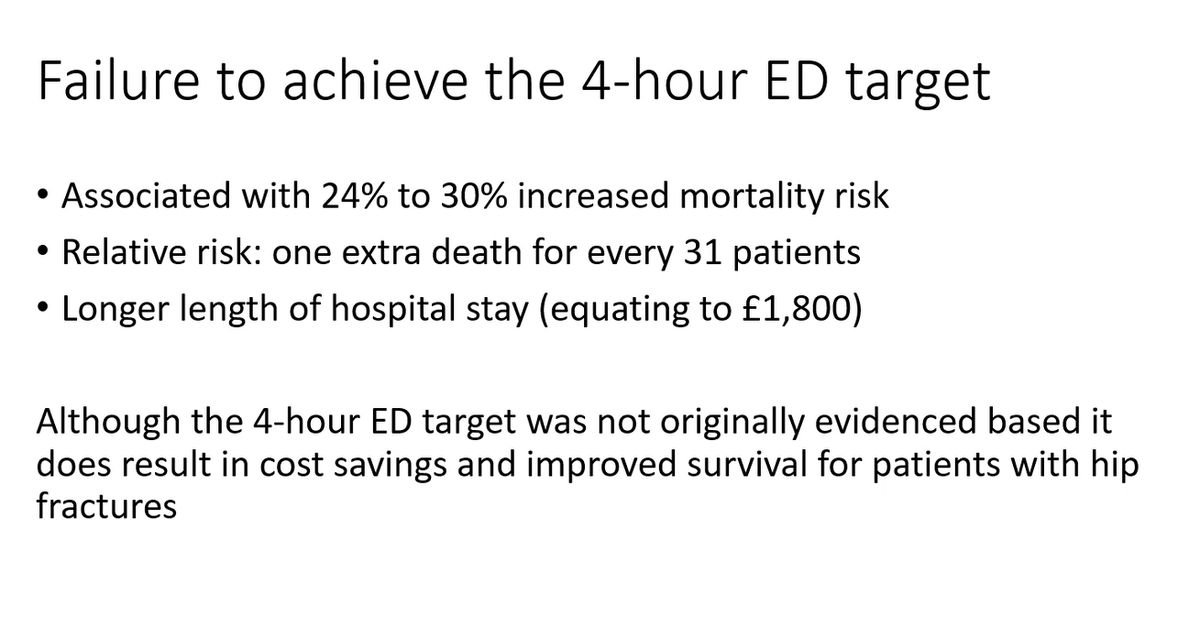 A_MacLullich's tweet photo. Nick Clement presenting data showing that hip fracture patients waiting >4 hrs for ward transfer from the ED have worse long-term mortality outcomes.
Causes remain unclear - more investigation needed.
? related to overall time to theatre
? other factors
#scothip22 https://t.co/1h03Aowdsx