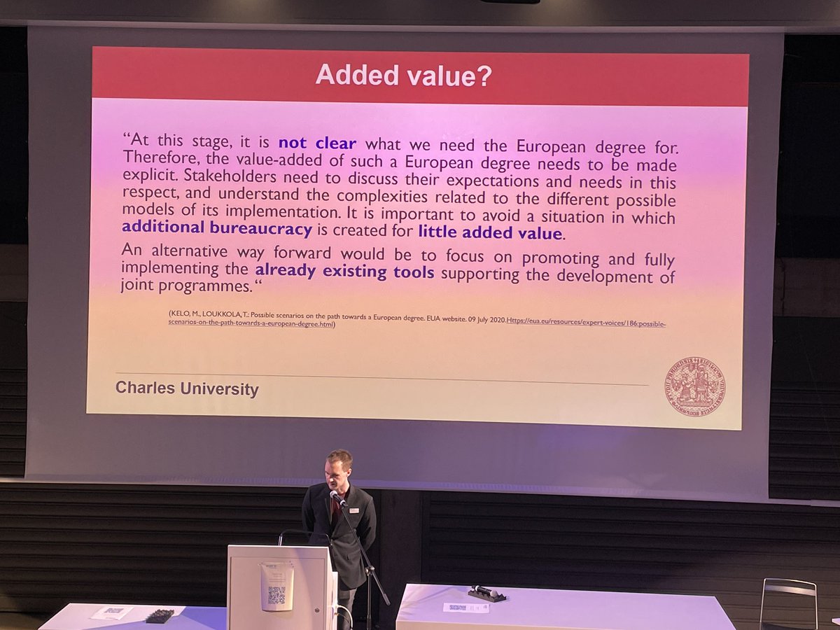 maria_kelo's tweet photo. Josef Matousek from @CharlesUniPRG questions the added value of #europeandegreelabel. Thank you for quoting a paper of 2020 by @TiaLoukkola (then at @euatweets) and myself (then at @ENQAtwt) which reflects on the possible options and benefits. Any new process needs to make sense https://t.co/Pg2GCokIe3
