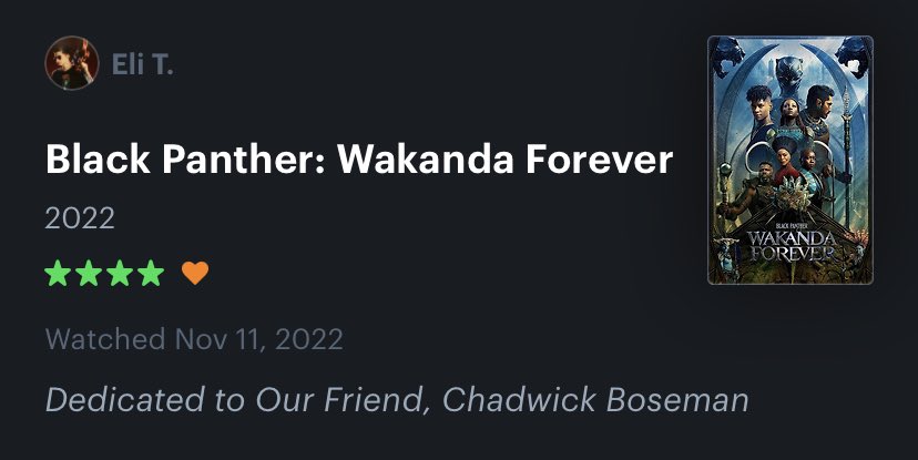 Another Member of The 100 Like Club!

- Arguably the best Phase 4 movie (understandably Shang-Chi in that convo too)

- More than a superhero movie; a beautifully crafted memoriam of Chadwick Boseman

- Gave me more confidence of Marvel moving forward

#WakandaForever https://t.co/f4FRALtA9s