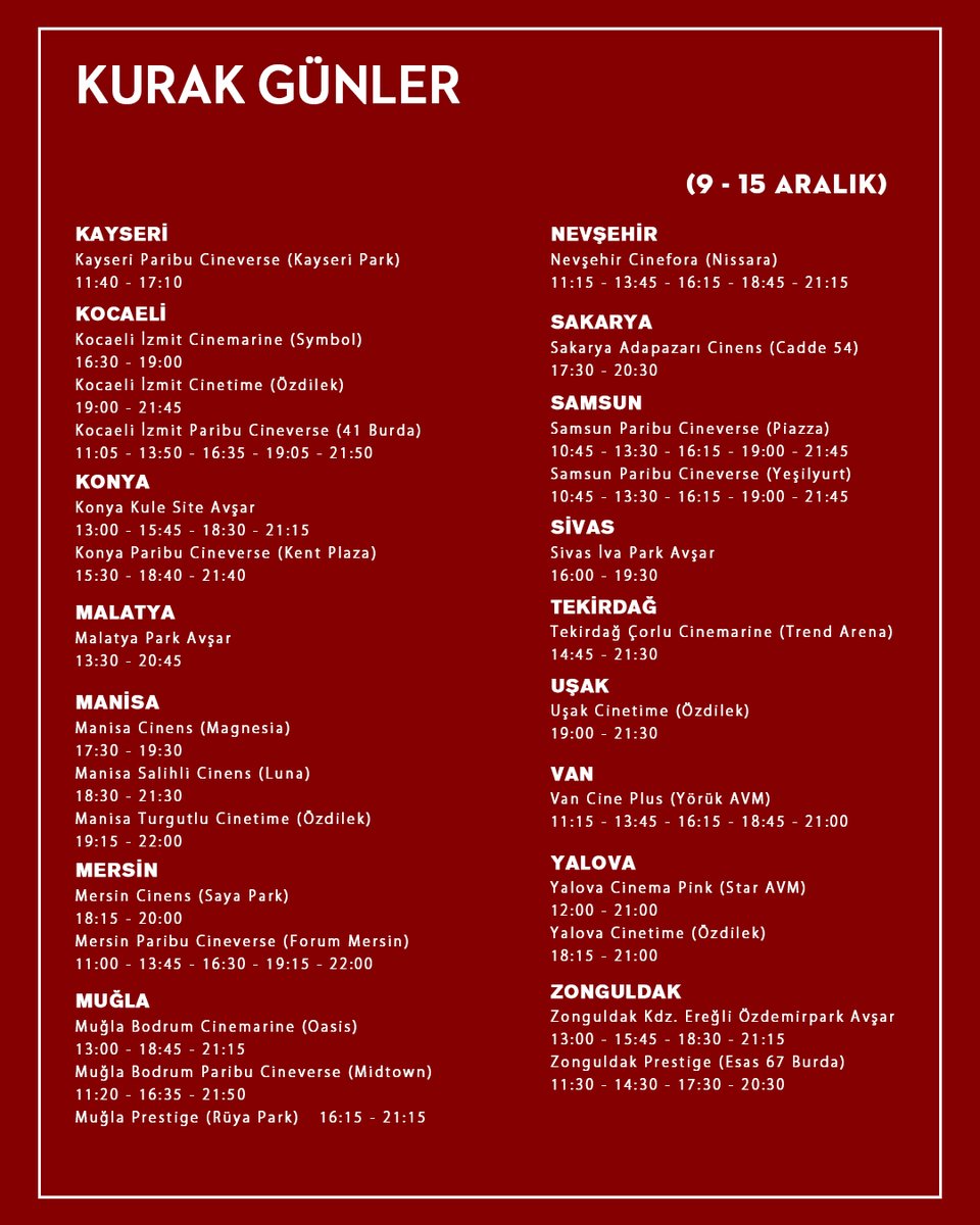#KurakGünler yarın vizyona giriyor. Filmin gösterimde olacağı salonları incelemek için: birfilm.net/seans-kurak-gu…

#BurningDays #EminAlper